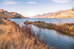 Autumn grasses and leaves along lake with mountains lit by setting sun and blue sky stock photography Autumn grasses and leaves along lake with mountains lit by setting sun and blue sky stock photography