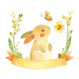 Cute Easter Bunny with ribbon, butterfly and flower wreath. Easter or children`s themed birthday card template with a rabbit
