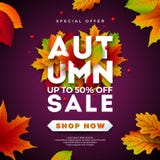 Autumn Sale Design avec les feuilles en baisse et inscription sur le fond pourpre Illustration automnale de vecteur avec le Speci illustration stock Autumn Sale Design avec les feuilles en baisse et inscription sur le fond pourpre Illustration automnale de vecteur avec le Speci illustration stock