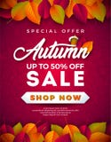 Autumn Sale Design avec les feuilles en baisse et inscription sur le fond rouge Illustration automnale de vecteur avec l'offre sp illustration libre de droits Autumn Sale Design avec les feuilles en baisse et inscription sur le fond rouge Illustration automnale de vecteur avec l'offre sp illustration libre de droits