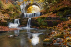 Autumn Waterfalls Near Sitovo, Plovdiv, Bulgaria. Beautiful Cascades Of Water With Fallen Yellow Leaves. Stock Photos