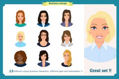 Avatars de femme d'affaires réglés avec le visage de sourire collection d'icônes d'équipe Vecteur sur le blanc Femme mignonne dan illustration libre de droits Avatars de femme d'affaires réglés avec le visage de sourire collection d'icônes d'équipe Vecteur sur le blanc Femme mignonne dan illustration libre de droits