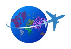 Avion entourant le globe avec des noms des continents. W d'isolement illustration de vecteur Avion entourant le globe avec des noms des continents. W d'isolement illustration de vecteur