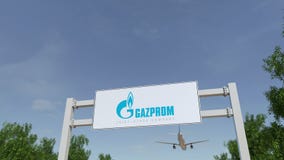 Avião que voa sobre o quadro de avisos de propaganda com logotipo de Gazprom 3D editorial que rende o grampo 4K ilustração stock Avião que voa sobre o quadro de avisos de propaganda com logotipo de Gazprom 3D editorial que rende o grampo 4K ilustração stock
