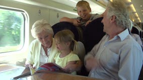 Avós e netos que relaxam na viagem de trem video estoque Avós e netos que relaxam na viagem de trem video estoque