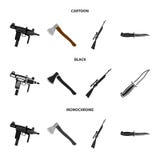 Ax, automatic, sniper rifle, combat knife. Weapons set collection icons in cartoon,black,monochrome style vector symbol royalty free illustration Ax, automatic, sniper rifle, combat knife. Weapons set collection icons in cartoon,black,monochrome style vector symbol royalty free illustration