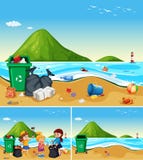 Ayuda de los niños que limpia la playa sucia stock de ilustración Ayuda de los niños que limpia la playa sucia stock de ilustración