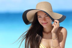 Aziatische vrouw met strandhoed voor de bescherming van de gezichtszon Stock Foto's Aziatische vrouw met strandhoed voor de bescherming van de gezichtszon Stock Foto's