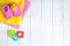 Baby accessories for bath on wooden background royalty free stock images Baby accessories for bath on wooden background royalty free stock images
