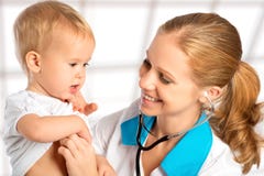 Baby And Doctor Pediatrician. Doctor Listens To The Heart With S Royalty Free Stock Images