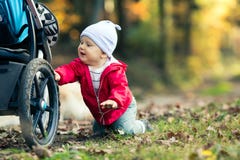 Baby Boy Playing In Autumn Forest With Stroller, Outdoors Fun Royalty Free Stock Image