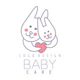 Baby care logo design, emblem with two cute bunnies with heart, label for kids club, baby or toys shop and any other royalty free illustration Baby care logo design, emblem with two cute bunnies with heart, label for kids club, baby or toys shop and any other royalty free illustration