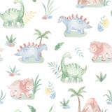 Baby Dinosaurs watercolor seamless pattern illustration with cute animals for nursery and baby shower. Elements
