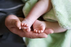 Baby in father`s hands. Both parents support child`s feet with his hands. Close up. royalty free stock photo Baby in father`s hands. Both parents support child`s feet with his hands. Close up. royalty free stock photo