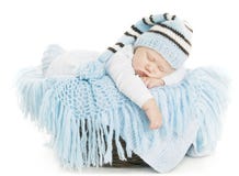 Baby Newborn Portrait, Boy Kid New Born Sleeping In Blue Hat Stock Photo Baby Newborn Portrait, Boy Kid New Born Sleeping In Blue Hat Stock Photo