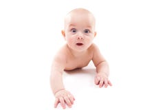 Baby On A White Background Smiling And Looking At The Came Stock Photo