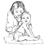Baby and pediatrician, listening with stethoscope, hand drawn doodle, sketch stock illustration Baby and pediatrician, listening with stethoscope, hand drawn doodle, sketch stock illustration