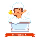 Babymeisje die bad met eendstuk speelgoed en bellen nemen stock illustratie Babymeisje die bad met eendstuk speelgoed en bellen nemen stock illustratie