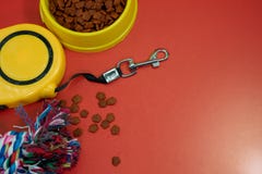 Bacias com alimento e corda secos para a mordida, trela automática fotos de stock Bacias com alimento e corda secos para a mordida, trela automática fotos de stock