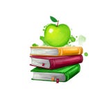 Back to school digital art illustration. Beginning of studying year event. Hand drawn green apple, notebook with