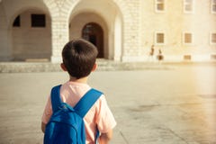Back To School First Day Kid Carrying Backpack Walking Up School Stairs Royalty Free Stock Photos Back To School First Day Kid Carrying Backpack Walking Up School Stairs Royalty Free Stock Photos