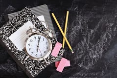 Back to School Supplies and Alarm Clock royalty free stock photography Back to School Supplies and Alarm Clock royalty free stock photography