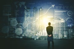 Back view of businessman using a futuristic HUD interface screen royalty free stock images Back view of businessman using a futuristic HUD interface screen royalty free stock images