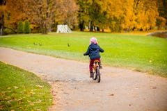 Back view of Little girl riding a bicycle in the park on the road covered with autumn oak and maple trees.Healthy stock image Back view of Little girl riding a bicycle in the park on the road covered with autumn oak and maple trees.Healthy stock image