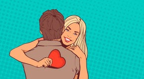 Back View Of Man Embracing Woman Hold Heart Shaped Greeting Card Valentine Day Poster Retro Pop Art Style Background Royalty Free Stock Photography Back View Of Man Embracing Woman Hold Heart Shaped Greeting Card Valentine Day Poster Retro Pop Art Style Background Royalty Free Stock Photography