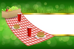 Background abstract green grass picnic basket hamburger drink vegetables gold stripes frame illustration. Vector stock illustration Background abstract green grass picnic basket hamburger drink vegetables gold stripes frame illustration. Vector stock illustration
