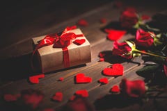 Background Valentine`s Day. Heart, Gift And Roses On Wooden Royalty Free Stock Images