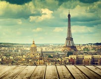 Background With Wooden Deck Table And Eiffel Tower In Paris Royalty Free Stock Photos Background With Wooden Deck Table And Eiffel Tower In Paris Royalty Free Stock Photos