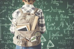 Backpack female student chalkboard background stock photos Backpack female student chalkboard background stock photos