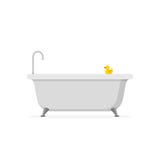 Badewanne und Badgelbe Gummiente lokalisiert auf weißem Hintergrund Badzeit in der flachen Art stock abbildung Badewanne und Badgelbe Gummiente lokalisiert auf weißem Hintergrund Badzeit in der flachen Art stock abbildung