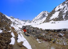 Bagagli di trasporto di sherpa del portatore sul viaggio al campo base di Everest immagine stock libera da diritti Bagagli di trasporto di sherpa del portatore sul viaggio al campo base di Everest immagine stock libera da diritti