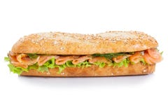 Baguette sub sandwich whole grains with salmon fish lateral isol Stock Image Baguette sub sandwich whole grains with salmon fish lateral isol Stock Image