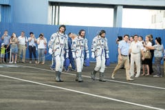 BAIKONUR, KAZACHSTAN - JULE, 28: de echte Astronauten, astronauten worden gestuurd naar ISS op een Russische ruimteraket randolph royalty-vrije stock foto's BAIKONUR, KAZACHSTAN - JULE, 28: de echte Astronauten, astronauten worden gestuurd naar ISS op een Russische ruimteraket randolph royalty-vrije stock foto's