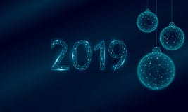 Baixo cartão poli do feriado das bolas da árvore de Natal 3D Preto escuro azul do céu noturno do ano novo feliz Números da data 2 ilustração stock Baixo cartão poli do feriado das bolas da árvore de Natal 3D Preto escuro azul do céu noturno do ano novo feliz Números da data 2 ilustração stock