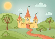 Bajka kasztel z trzy góruje, warowna brama i ścieżka na tle zielony park z starymi drzewami ilustracja wektor Bajka kasztel z trzy góruje, warowna brama i ścieżka na tle zielony park z starymi drzewami ilustracja wektor