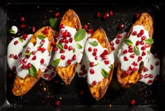 Bakade sötpotatisar med sås för vitlökmintkaramellyoghurt som strilas med granatäpplefrö och sidor för ny mintkaramell på en svar royaltyfri bild Bakade sötpotatisar med sås för vitlökmintkaramellyoghurt som strilas med granatäpplefrö och sidor för ny mintkaramell på en svar royaltyfri bild