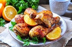 Baked Chicken Drumstick With Orange, Smoked Paprika, Provencal Herbs And Olive Oil. Stock Image