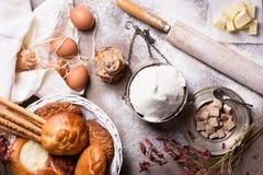 Baking ingredients - flour, butter, eggs, sugar. Baked flour-based food: bread, cookies, cakes, pastries, pies. Top view. royalty free stock photo Baking ingredients - flour, butter, eggs, sugar. Baked flour-based food: bread, cookies, cakes, pastries, pies. Top view. royalty free stock photo