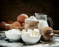 Baking Ingredients: Milk, Butter, Flour, Sugar, Eggs And Rolling Royalty Free Stock Images Baking Ingredients: Milk, Butter, Flour, Sugar, Eggs And Rolling Royalty Free Stock Images
