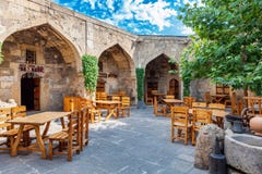 Baku, Azerbaijan - July 16, 2015: caravanserai restaurant and shopping center located in old town of Baku stock photos Baku, Azerbaijan - July 16, 2015: caravanserai restaurant and shopping center located in old town of Baku stock photos