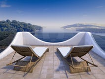 Balcon avec des vues de mer et deux chaises Image stock Balcon avec des vues de mer et deux chaises Image stock