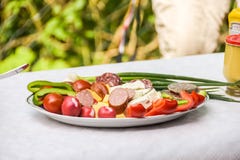Balkan style appetizer plate with sausage and cheese stock images Balkan style appetizer plate with sausage and cheese stock images