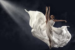 Ballerina Jumping in White Silk Dress, Modern Ballet Dancer in Pointe Shoes, Fluttering Waving Cloth, Gray Background