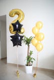 Ballon à air d'or numéro deux et étoiles formées noires de baloons et une usine à la maison, intérieurs à la maison blancs images libres de droits Ballon à air d'or numéro deux et étoiles formées noires de baloons et une usine à la maison, intérieurs à la maison blancs images libres de droits