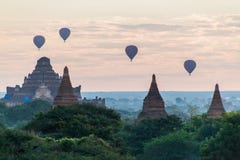 Balloons over Bagan and the skyline of its temples, Myanmar. Dhammayangyi Templ