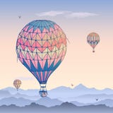 Balloons card. Some differently colored striped air balloons flying in the clouded morning sky. Patterns of clouds and royalty free illustration Balloons card. Some differently colored striped air balloons flying in the clouded morning sky. Patterns of clouds and royalty free illustration
